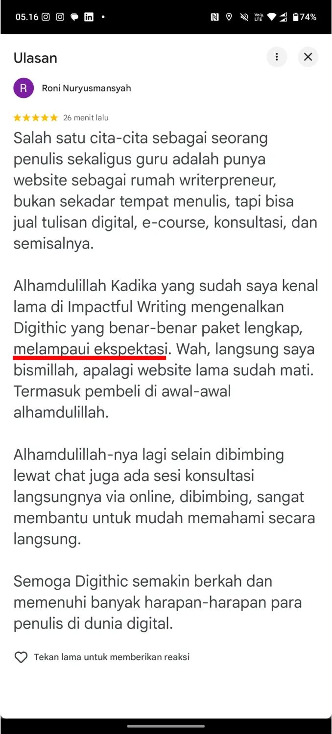 Testimoni Ustadz Roni, pengguna Digithic