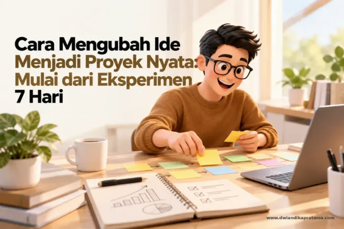 Catatan dan sticky notes di meja kerja untuk merancang eksperimen proyek kecil